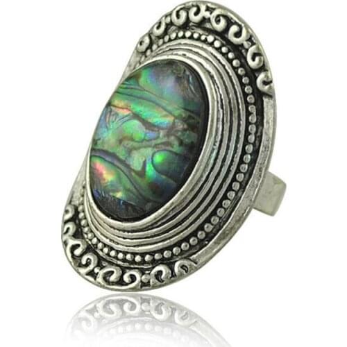 Antique Silver Plated Irregular Shape Abalone Shell Resizable Finger Ring Fashion Jewelry