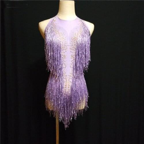 Sparkly purple Tassel Bodysuit Rhinestones Outfit Glisten Beads Costume One-piece Dance Wear Singer Stage Leotard Headdress