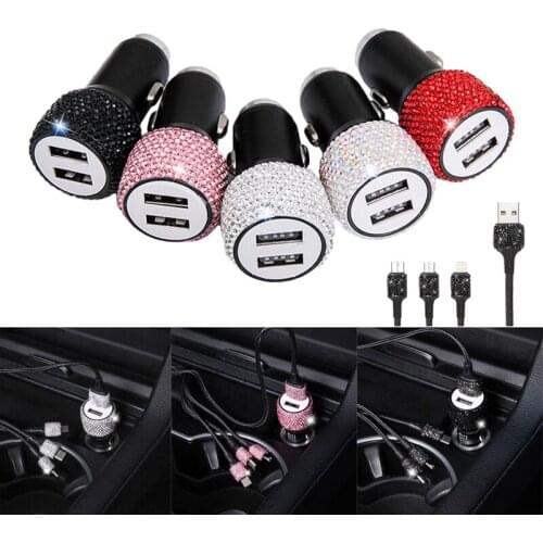 Bling Dual Port USB Car Charger Bling Type C/Micro USB 3-in-1 Multi Charging Cable White Crystal Decoration Bling Car Decor Set