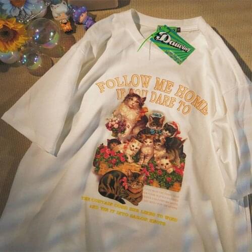 OnlyUU Harajuku colorful kitten print O-neck T-shirt y2k casual streetwear 2021 fashion casual T-shirt plus size women clothing