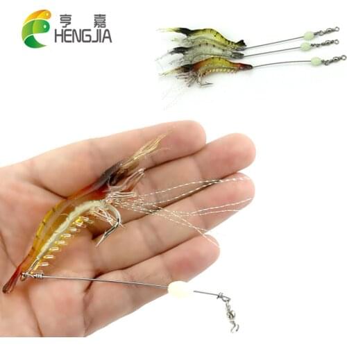 HENGJIA 5pcs 9cm 6g Shrimp Soft Lure Fishing Artificial Baits With Glow Hooks Swivels Rigs pesca prawm fishing baits tackles