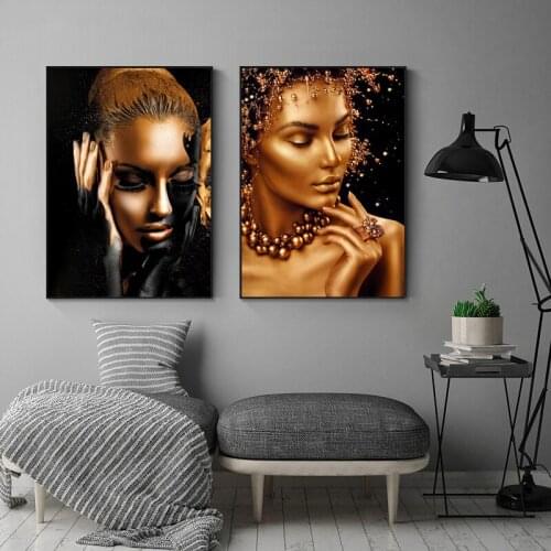 Canvas Painting for Living Room African Art Black and Gold Woman Home Decor Light luxury Figure Scandinavian Wall Painting