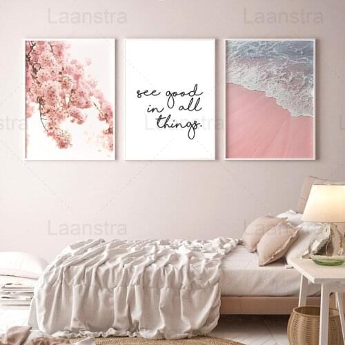 Pink Flowers Full of Branches Home Decoration Painting Seaside Living Room Canvas Painting See Good In All Things Text Poster