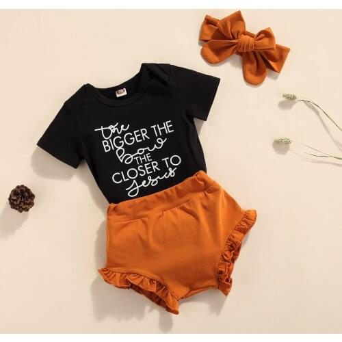 3pcs Newborn Infant Baby Girls Boys Clothes Sets Cotton Soft Letter Printed Short Sleeve Romper Top+Shorts+Headband Outfits Suit
