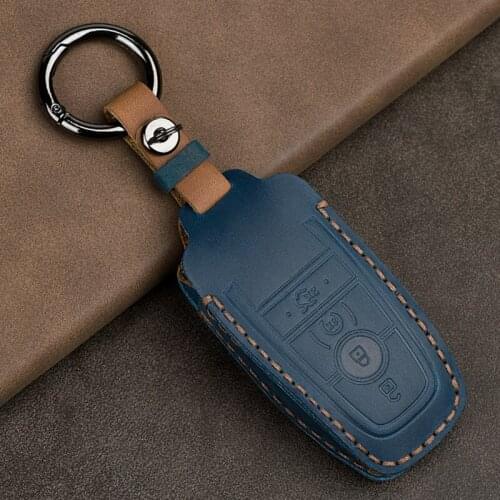 Crazy Horse Leather Car Key Case For Ford Mustang 2018 EcoSport Smart Remote Fobs Shell Cover Keys Bag Keychain Auto Accessories