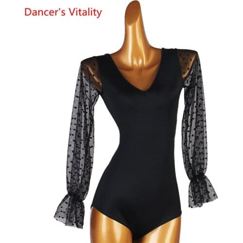 Latin dance Body Suit V-Neck Onesies Mesh Lantern Long Sleeve Practice Clothes High-End Custom Child Woman Performance Clothing