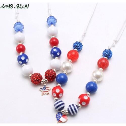 MHS.SUN Fashion Heart Pendant Kids Adjustable Rope Necklace American Flag Style Chunky Beads Necklace For Child Girls Jewelry
