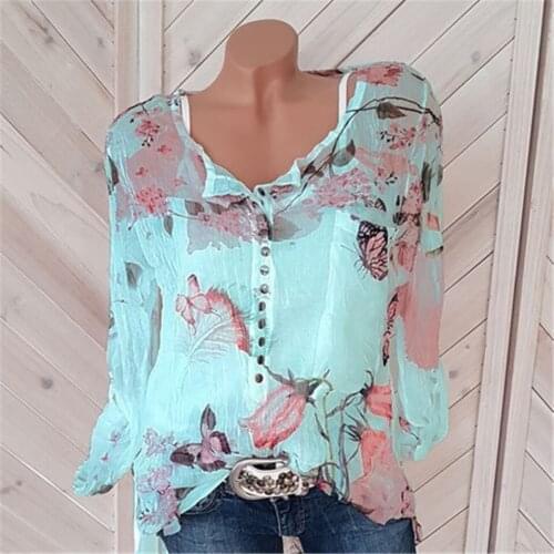 Fashion Floral Print Blouse V Neck Lace Up Blouse Ladies Blouses Plus Size Long Sleeve Vintage Print Casual Tops Button Up Shirt