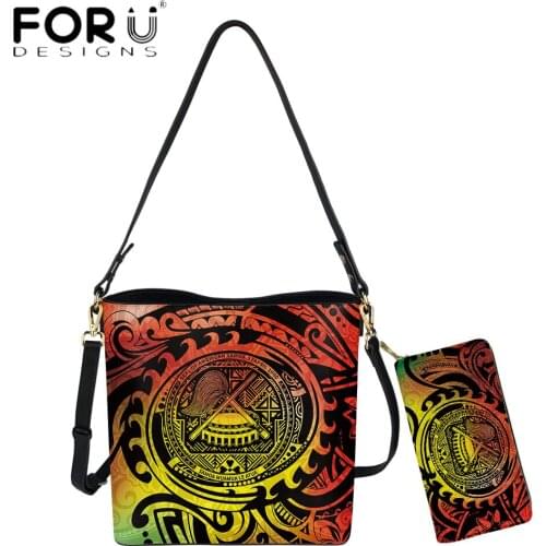 FORUDESIGNS 2021 Fashion Pu Bucket Bags For Women Samoan Tribal Polynesian 3D Print Leather Casual Female Handbag With Wallets