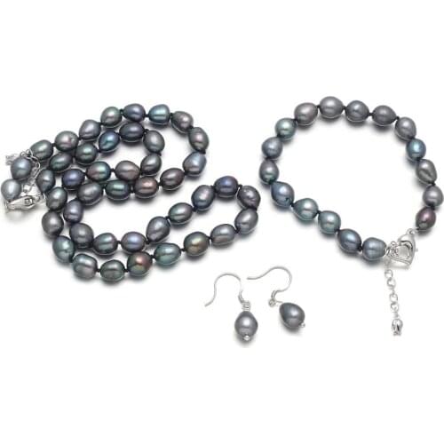 Natural Freshwater Pearl Necklace Bracelet Earrings For Women Jewelry Set Fit Party Wedding 8-9mm Pearls Sets