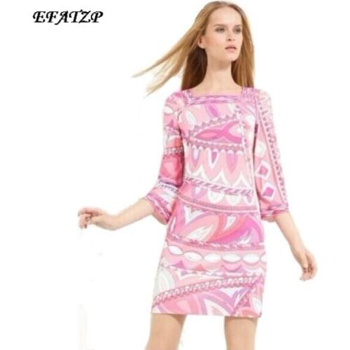 New Fashion Designer Brand Dress Womens Geometric Print Print Square Collar 3/4 Sleeves Jersey Silk Dress XXL Day Dress