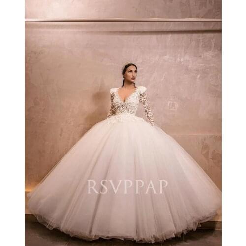 Luxury Wedding Dress 2021 Vintage Lace Long Sleeve Beaded Puffy Ball Gown Bridal Wedding Gowns robe de mariee