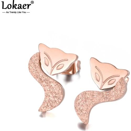 Lokaer Fashion Jewelry Animal Element Fox Shape Stud Earring Rose Gold Color Stainless Steel Earrings Best Gift E18486