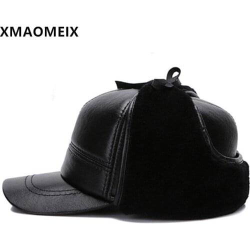 XMAOMEIX Natural Genuine Leather Hat 2021 New Mens Warm Bomber Hats Sheepskin Leather Fur Earmuff Caps Fluff Thicken Ski Cap