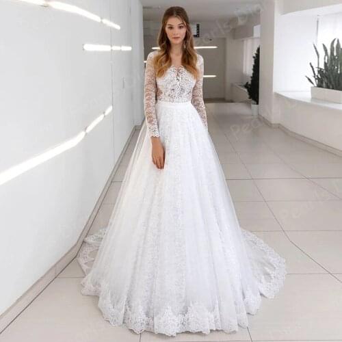 Fabulous Lace Beah Wedding Dresses New Arrival 2021 Vestido De Noiva V-neck Buttons Long Sleeve Bridal Gown Applique Bride Dress