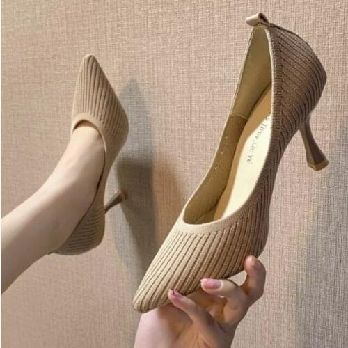 Knit Breathable Lady High Heels 2020 Brand Design Fashion Party Dress Women Shoes Career Work Shoes Pointed Toe Thin Heels Pumps
