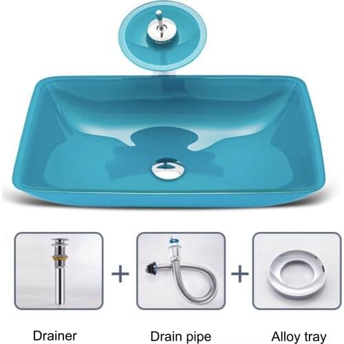 Blue Light Tempered Glass Wash Basin Art Above Counter Basin Simple Bathroom Toilet Basin 45 cm Drain Hole