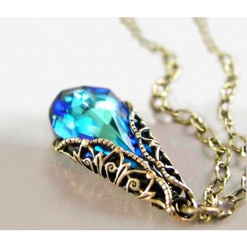 Vintage Handmade Crystal Antique Gold Water Drop Pendant Necklace for Women Jewelry Accessories