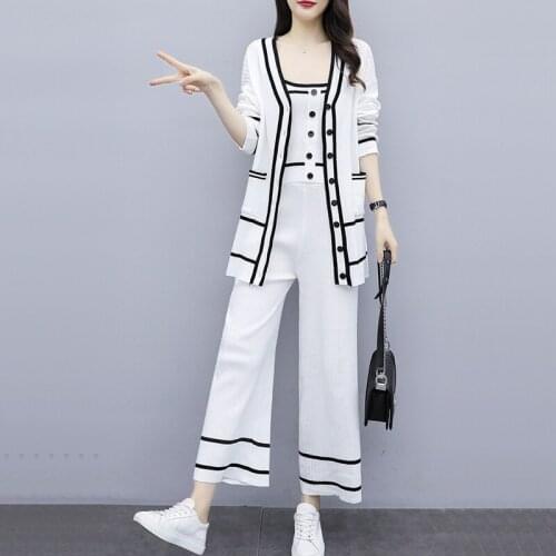 Knitted 3 Piece Set Women Long Cardigan And Vest Crop Top And High Waist Pants Suits Elegant Woman Work Set Outfit Korean AA5066