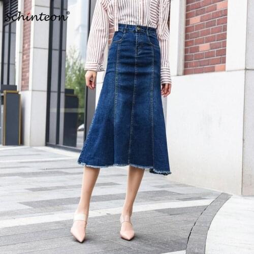 Schinteon Plus Size S-9XL Women Denim A-line Long Bodycon Elasticity Skirt Jeans Casual Skirt Pockets Fashion New