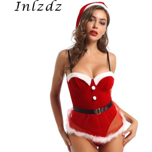 Womens Christmas Lingerie Suit Sexy Roleplay Games Clothing Bodysuit with Feather Trimming Apron Hat Erotic Sex Cosplay Costume