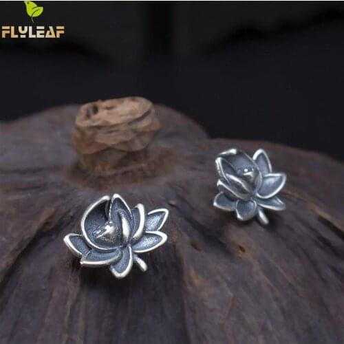 Flyleaf Lotus Flower Jewelry Real 925 Sterling Silver Chinese Style Vintage Stud Earrings For Women Earings Fine Jewelry