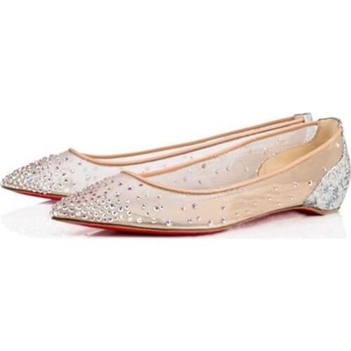 Koovan Womens Flats Rhinestone Shoes 2020 Summer Increase Flat Bottom Mesh Point Fairy Sequined Wedding Shoes Crystal Girls