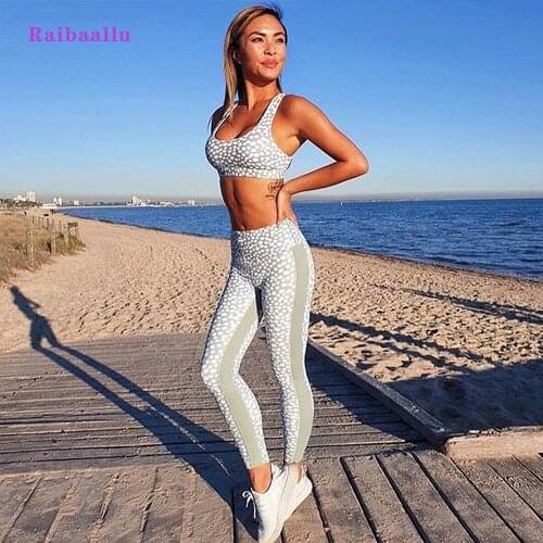 Raibaallu Women Yoga Set Polka Dot Sport Suit Leggings Gym Sports Bra slim fitness running Sportswear 2 Pieces