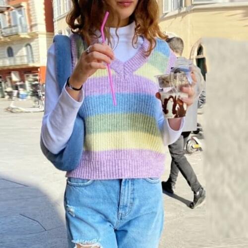 Rainbow Striped Sleeveless Womens Sweater Vest Casual Autumn Y2K Knitted Jumper Female Fashion Korean Knitwear Sweet Girls New