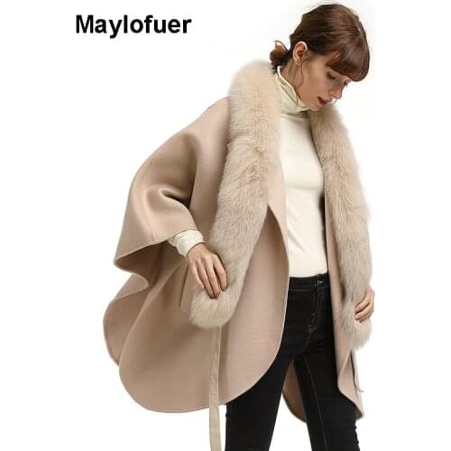 Maylofuer New 100% Real Fox Fur Collar detachable, Cashmere Coat Women Bat Sleeves Oversize Jacket Female Coats