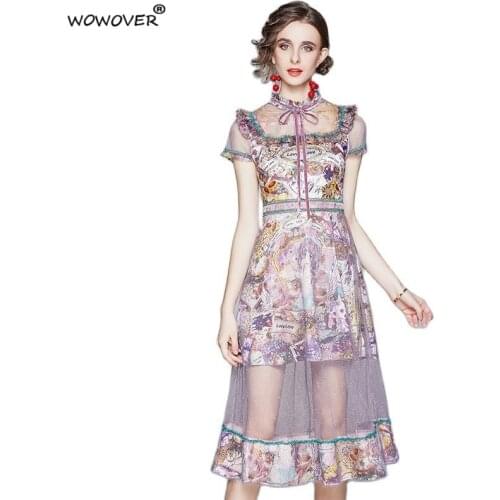 Elegant Lady Party Vestidos Runway Designers Womens Short Sleeve Bow Ribbon Vintage Print Patchwork Midi Mesh Dress for Summer