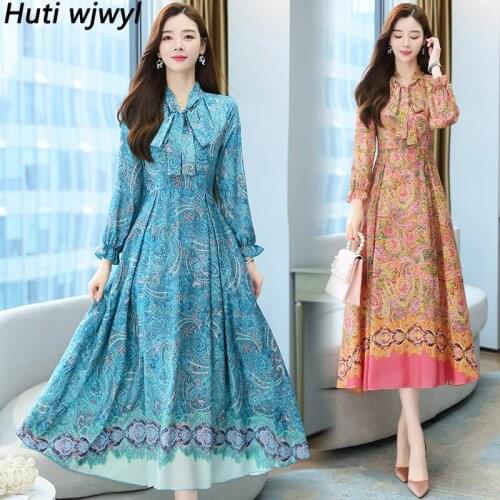 Autumn Winter Vintage Floral Midi Dress Casual Chiffon Boho Beach Maxi Dress 2021 Women Party Long Sleeve Bodycon Blue Vestidos