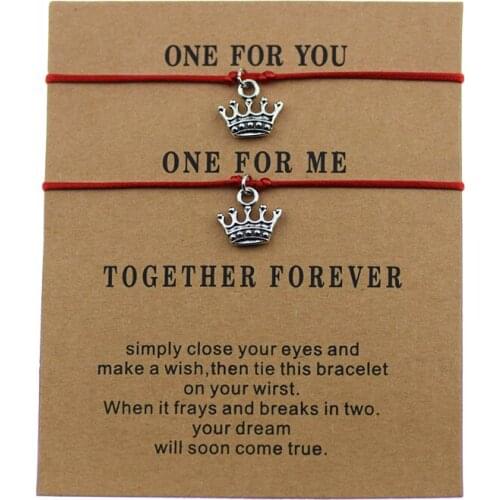 2pcs/set Vintage Silver Color Crown Pendant Bracelets Adjustable Red Rope Charm Couple Lover Handmade Lucky Jewelry Gifts