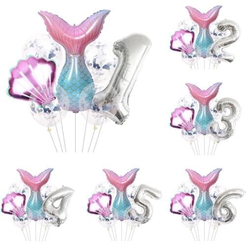 7Pcs Mermaid Birthday Number Balloon Decoration Aluminum Balloons Decoration Birthday Party Supplies Gradient Number Balloon