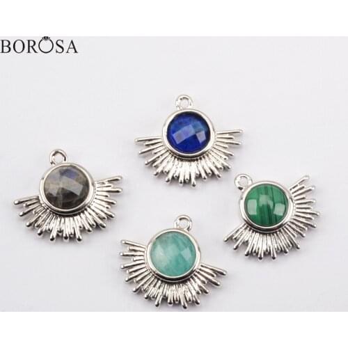 BOROSA Sector Natural Malachite Amazonite Pendant Charms for Necklace Earrings Silver Color Gems Stones Beads for Women WX1532