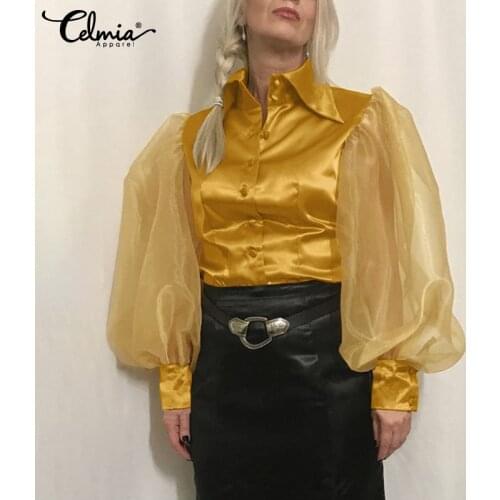 Celmia Elegant OL Satin Silk Lapel Shirt Women 2021 Fashion Mesh Puff Sleeve Solid Tops Casual Buttons Mesh Bow Tie Tunic S
