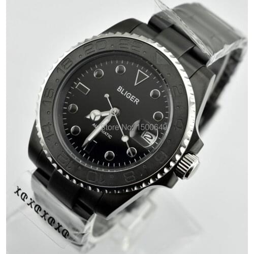 BLIGER 40mm Fashion casual Ceramic Engraved mark Bezel black dial PVD black steel case date Automatic mens watches