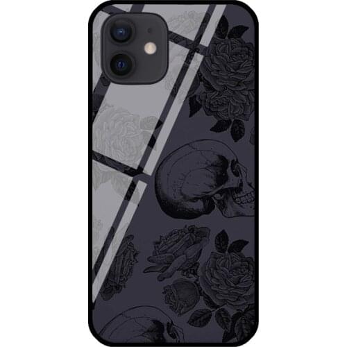 Skull And Roses Goth Girl Tempered Glass Phone Case For iPhone XR X XS 6 7 8 Plus SE 2020 12 mini 11 Pro Max Cover