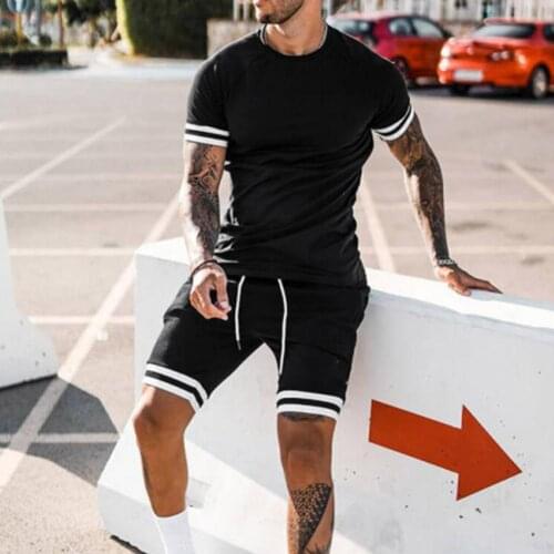 Mens Sets 2021 Summer Striped Print Black 2-piece Beach Patchwork Short Sleeve Tshirts & Shorts Pants Sets Trainingspak Mannen