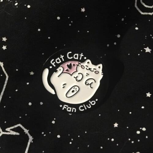Fat Cat Fan Club Enamel Pin White Kitty Black Round Badge Brooches Kawaii Animal Jewelry Brooch Pin for Cat Lover Kitty Mom Gift