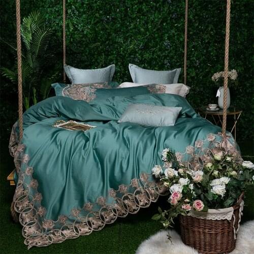 Green 80S Egyptian Cotton Tribute silk Luxury Royal Bedding Set 4/6Pcs King Queen Wedding Bed Sheet Lace Duvet cover Pillowcases