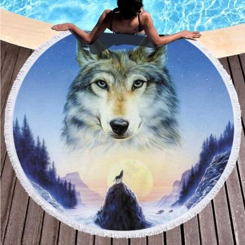 Wolf Printed Round Beach Towels Microfiber Made Sea Life Style Beach Towel with Tassle Around Picnic Mat blue Yoga Mat