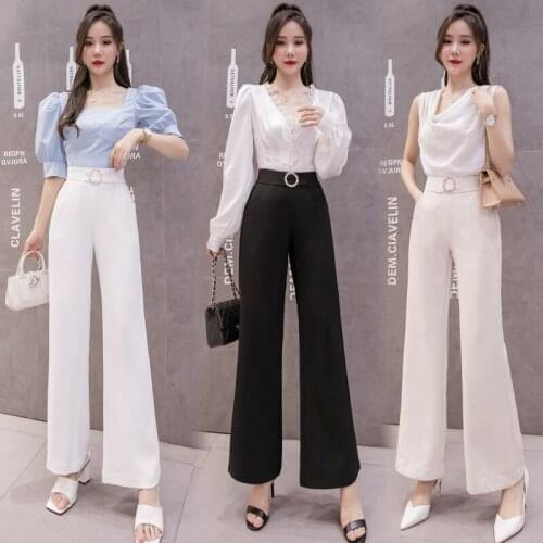 Summer Thin Pants With Pockets Fashion Diamonds Sashes Trousers Elastic High Waist Straight Wide Leg Long Pants Ice Silk Pants
