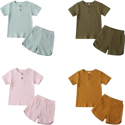 1-6Years Summer Kids Sport Clothing Sets Suit Boys Girls Ribbed Knitted Button T-Shirts And Shorts 2Pcs/set Baby Casual Clothes