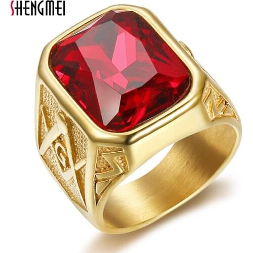 Shengmei Mens Ring Punk Style With Red Blue Crystal And Gold Stainless Steel Ring Holder For Mens Jewelry Size 7-15 SP413