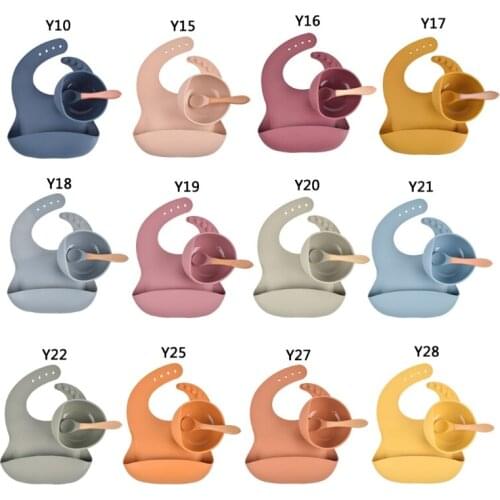 3pcs Baby Feeding Set Food Grade Silicone Non-Silp Suction Tableware Kids BPA-Free Waterproof Bib Bowl Spoon Dishes G99C