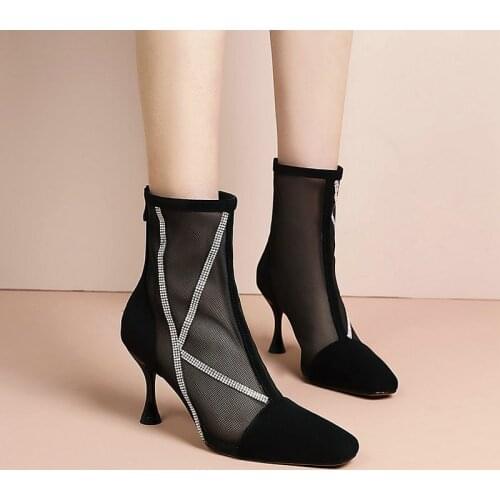 Genuine Leather High Heels Mesh Boots Woman Fashion Sandals Boots Women Summer Heels Pointed Toe Shoes for Female Size 42 43