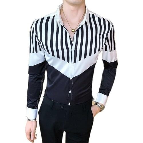 British shopkeeper style 2021 autumn striped stitching color youth slim long-sleeved shirt