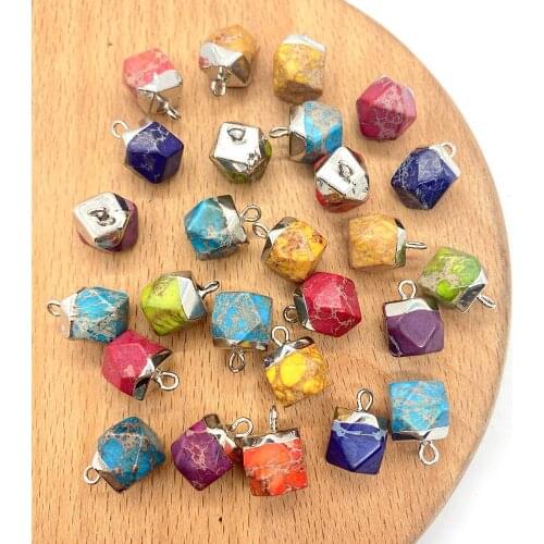 2pcs/pack Natural Semi Stone Colorful Turquoise Charms Silver Edge Polygon Section Pendants DIY Making Necklace Earrings 9x13mm