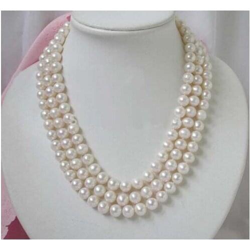 FashionCharming 3strands 7-8mm round white FW pearl necklace handmade